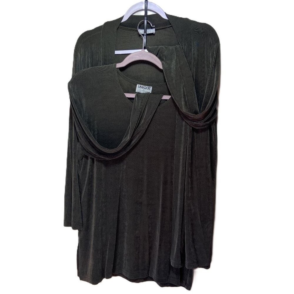 Unique by V. Virella U.S.A. Dark Green Cowl-Neck Long Sleeve Shirt & Cardigan